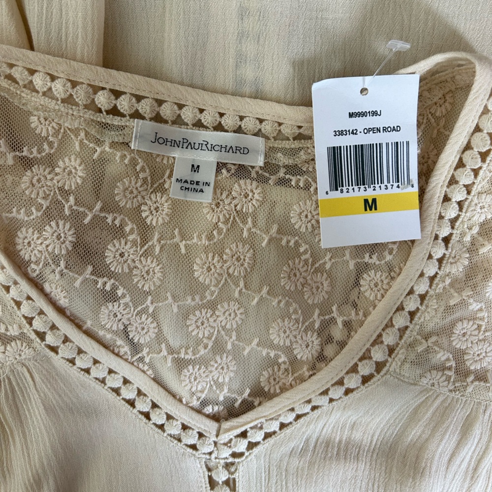 NWT John Paul Richard ivory v-neck lace 3/4 sleeve boho bohemian blouse - size M - Picture 3 of 11